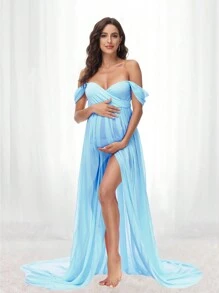 Maternity Chiffon V-Neck Front Slit Flowy Dress For Photoshoot - Baby Blue - View 4
