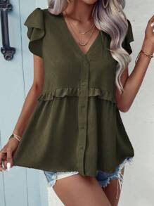 SHEIN LUNE 夏季休閒襯衫,鈕扣式設計,配有荷葉邊袖子 - 軍綠色 - 查看 6