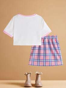 HARRY POTTER X SHEIN Tween Girl Short Sleeve Ringer Hedwig T-Shirt And Plaid Skirt In College Style - Pink - View 2