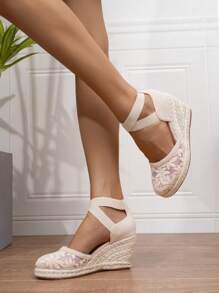 Ladies Comfortable Anti-Skid Cross Elastic Lace Fabric Apricot Woven Jute Wedge Heel Thick-Soled Shoes