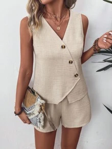EMERY ROSE Của phụ nữ Màu thuần Nút Trang trí Cổ chữ V Không tay Áo ba lỗ Quần short Bộ - trắng - Xem 6