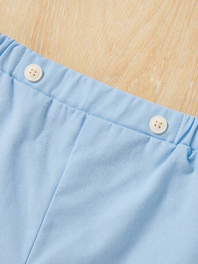 Baby Boy's Gentleman Style Short Sleeve Shirt With Peter Pan Collar And Elastic Waistband Shorts Set, Lovely Cartoon Pattern