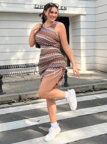 SHEIN EZwear 夏季大尺碼彩色條紋印花緊身長裙，側開叉設計 - 彩色 - 查看 3