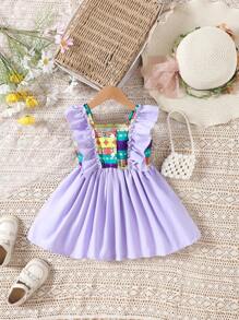 Baby Girls' Printed Patchwork Ruffle Edge Romper Dress For Summer - Purple - View 2