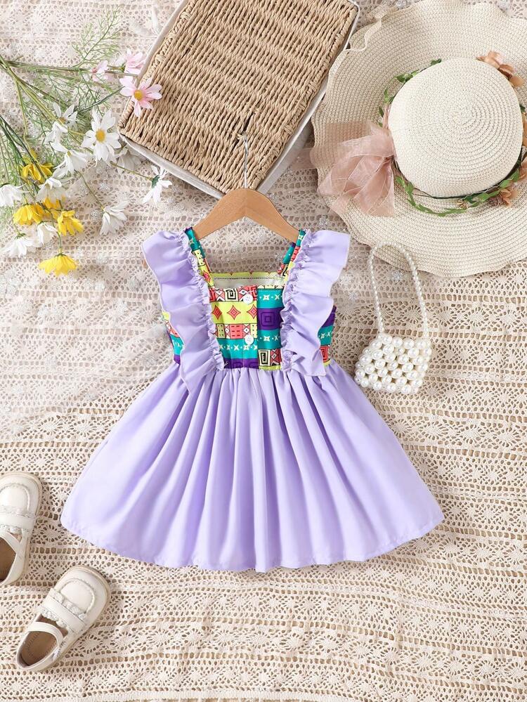 Baby Girls' Printed Patchwork Ruffle Edge Romper Dress For Summer