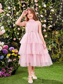 SHEIN 青少女露背項珍珠腰帶閃亮網紗洋裝,多層次設計 - 粉色 - 查看 8