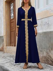 SHEIN Unity 春季刺绣编织腰带 V 领收腰长袖连衣裙超长女装 - 藏蓝色 - 查看 5