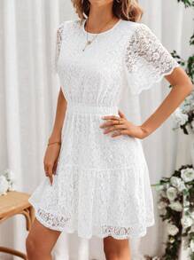 SHEIN Frenchy White Lace Dress Ladies' Solid Color Round Neck Lace Splice Open Back Dress White Short Dress Lace Dress White Formal Dress White Prom Dress White Mini Dress Pastel Dress Tea Party Attire Flowy Shorts Wedding Women Dresses White Women Dresses Sundress Ruffle Dress Graduation White Dress Homecoming Dresseswhite Lace Dress - White - View 4