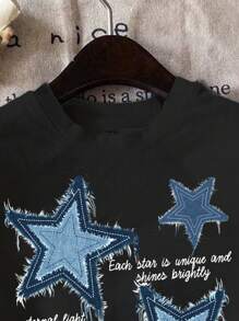 Attitoon Camiseta de manga corta de mujer de ajuste holgado con estampado de estrella azul, cuello redondo, de algodón mezclado de verano