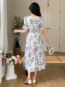 DAZY 女士夏季假期風格花卉印花甜心領襯裙長裙 - 灰色 - 查看 5