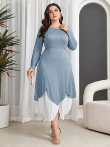 Mulvari Plus Size Color Block Round Neck Elegant Asymmetric Hem Midi Dress - Blue - View 1