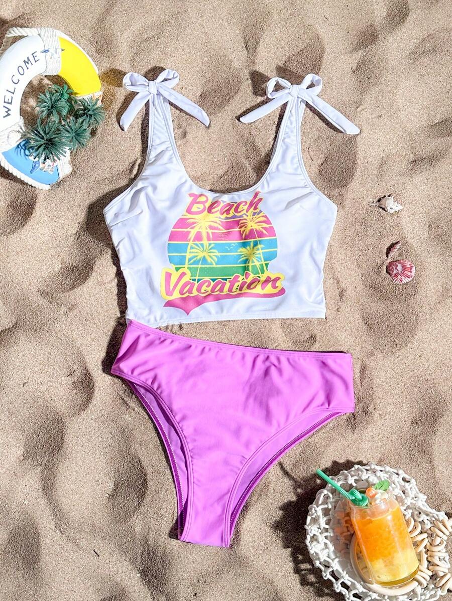 SHEIN Swim Cartoon & Letter Print Cami Tankini Set, 2pcs Summer - Multicolor - View 1