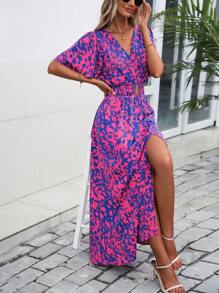 SHEIN Clasi Robe longue fendue jusqu'à la cuisse à encolure en V imprimée intégralement pour femmes