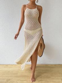Breezaya Handcrocheted Hollow Out Side Slit Backless Halter Neck Sweater Dress For Beach & Vacation - Apricot - View 1