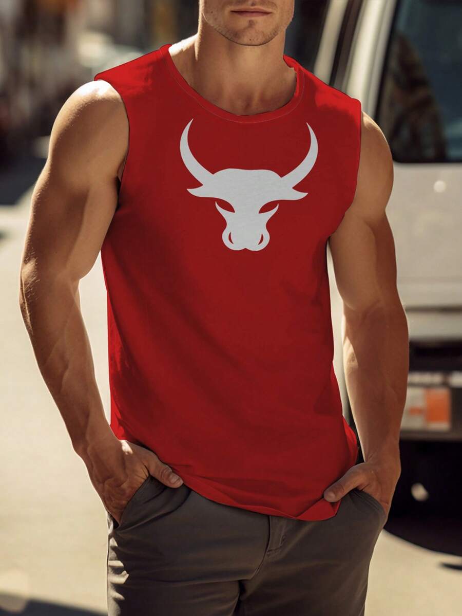 Manfinity Homme Men's Plus Size Bull Head Printed Casual Tank Top - Red - View 1