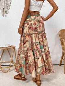 SHEIN VCAY Women's Vintage Printed Ruffle Hem Casual Vacation Style Midi Skirt - Multicolor - View 2