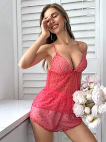 Women's Lingerie Set With Heart Shape Cutout Mesh Cami Top And Shorts