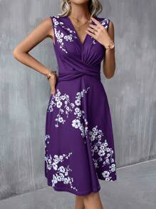 SHEIN Clasi Printed Summer Short Dress With Cinched Waist Blue Dress,Summer Dresses For Women,Lavender Dress - Purple - View 3