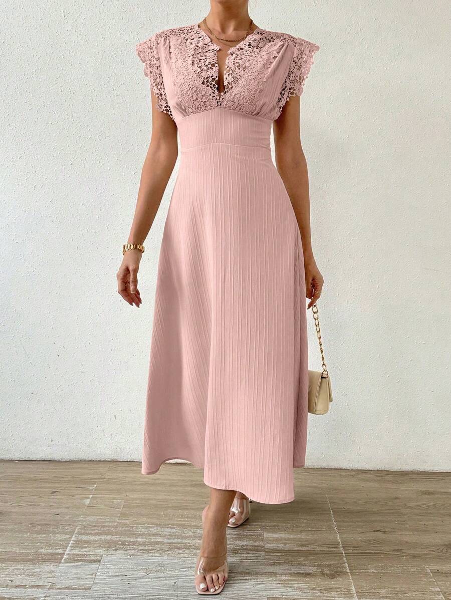 Chiquease Women's Summer Solid Color Lace Patchwork Empire Waist Dress - Pink - View 1