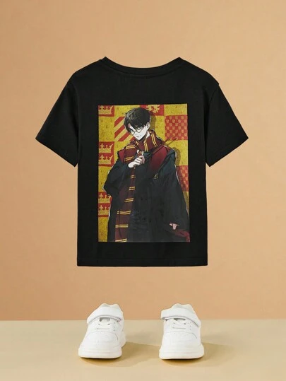 HARRY POTTER X SHEIN 男孩年輕時裝1件卡通人物和字母圖形t恤