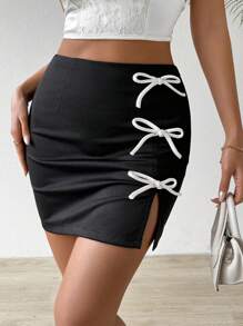 Chiquease Summer Color Block Bow Decorated Slit Design Slim Fit Mini Skirt - Black - View 3