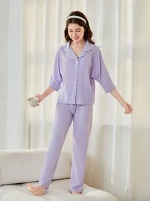 Teen Girl Spring/Summer New Simple Casual Contrast Trim Short Sleeve Shirt And Pants Pajama Set