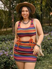 SHEIN Dreamara 大尺碼多色連身緊身裙,腰部中空與打結細節設計 - 彩色 - 查看 5