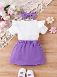 Conjunto de verano para bebé niña con top unicolor de volantes con decoración de lazo y falda plisada - Morado - Ver 2