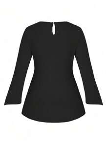 SHEIN LUNE Plus Embroidered Mesh Panel Flare Sleeve Tee - Black - View 2