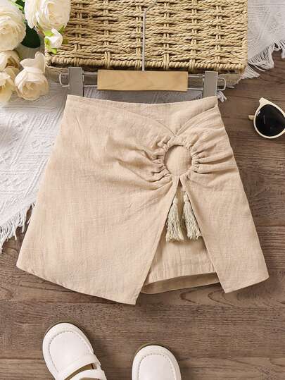 SHEIN 少女春夏度假杏色質感束腰2合1短裙褲