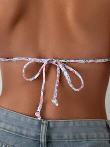 Swim Mod Summer Beach Floral Printed Halter Tie Back Bikini Top - Multicolor - View 3