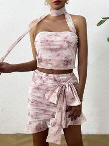 Zolique Sexy Tie Dye Print Halter Top & Asymmetrical Skirt Two Pieces Set For Women, Spring/Summer - Blue - View 6