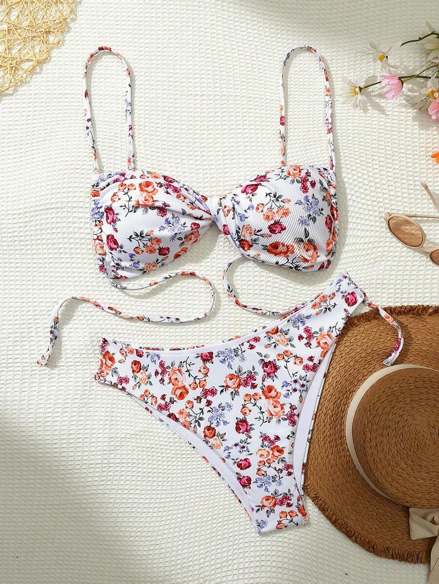 SHEIN Swim Curve Bộ bikini cỡ lớn đi biển mùa hè với bộ áo ngực và bộ bikini họa tiết hoa rực rỡ - Nhiều màu - Xem 1