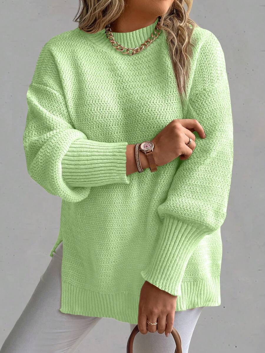 SHEIN LUNE Plus Size Women's Loose Sweater With Side Slit Hem - Green - View 1