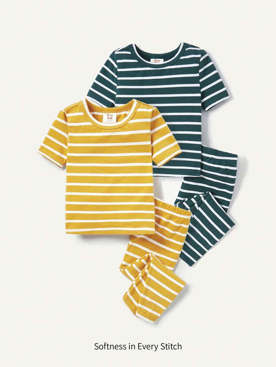 Cozy Pixies Ensemble de pyjama pour bébé garçon avec haut à col rond et manches courtes ajusté à rayures et pantalon, ensemble assorti de 4 pièces - Vert - Voir 1
