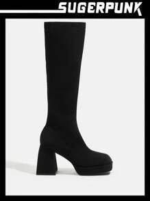 Sugerpunk Women's Shoes Minimalist Square Toe Platform Chunky Heeled Black Sock Boots For Summer For And Spring Shoes Spring Break Easter