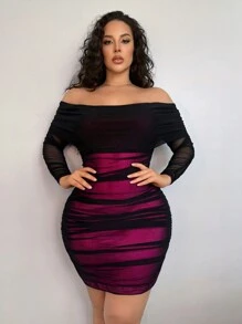 SHEIN SXY 女士大码露肩性感连衣裙 - 玫紅色 - 查看 3