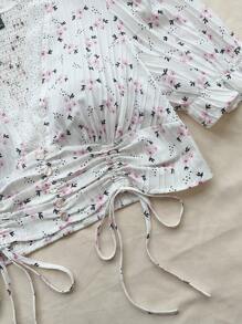 Dreamara Plus Size Crop Top With Drawstring And Ditsy Floral Print