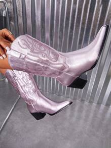 女士金屬粉紅色縫細節西部靴，魅力戶外時尚靴，女士牛仔靴 - 粉色 - 查看 2