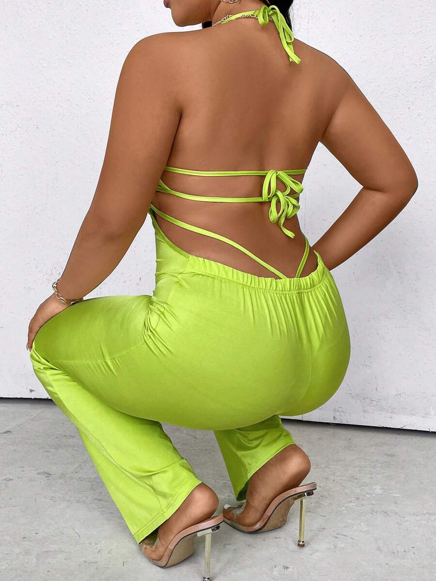 Maweii Plus Size Halter Neck Solid Color Sleeveless Jumpsuit With Backless Design - Green - View 1