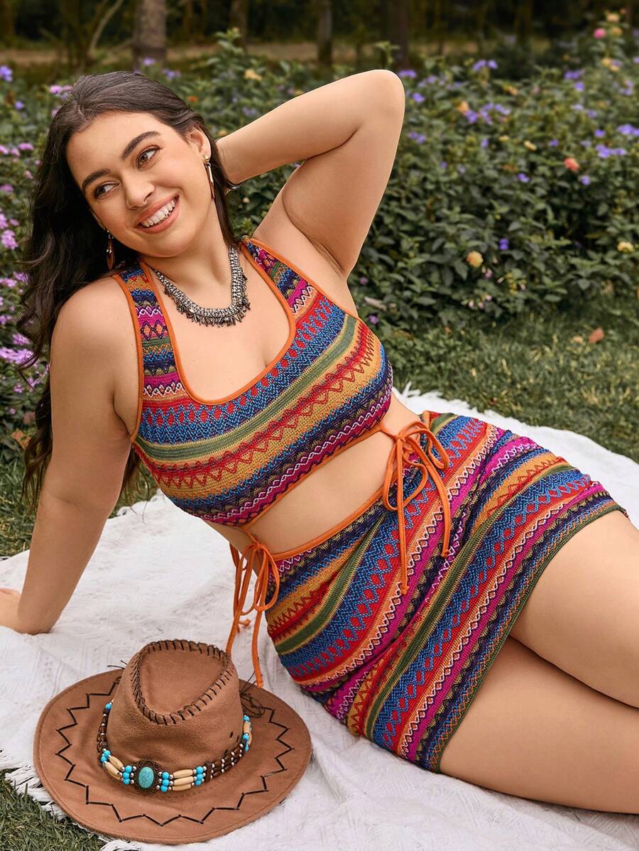 SHEIN Dreamara 大尺碼多色連身緊身裙,腰部中空與打結細節設計 - 彩色 - 查看 1