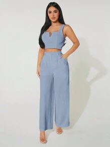 SHEIN PETITE Mùa hè giản dị Đi làm Ngắn Áo ba lỗ Và Rộng chân Quần Với Xếp - Màu xanh nhạt - Xem 3