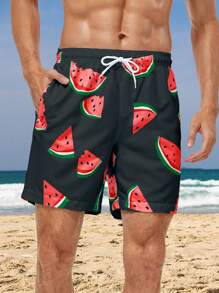 Manfinity Swimmode Pantalones cortos casuales de playa con cordón y estampado de sandía para hombres (Corte al azar) - Negro - Ver 1