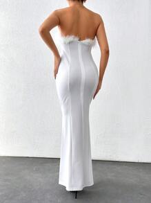 RueChic Women's Strapless Long Evening Dress With Mermaid Hemline And Furry Patchwork Details - White - View 2
