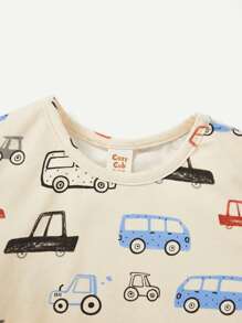 Cozy Pixies Baby Boy Knitted Soft Letter Car Pattern Round Neck Short-Sleeved Top Two-Piece Set - Apricot - View 4