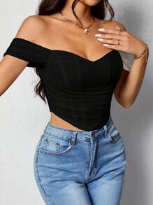 SHEIN PETITE Women's Solid Color Zipper Back Off-Shoulder Top - Black - View 3