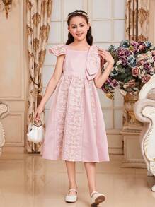 SHEIN Tween Girls' Joint Casual Asymmetric Neckline Floral Embroidery Short Flutter Sleeve Dress With Bowknot - Pink - View 5