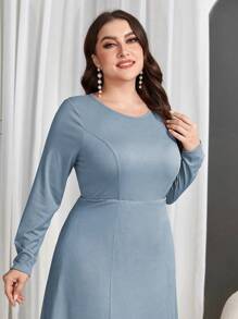 Mulvari Plus Size Color Block Round Neck Elegant Asymmetric Hem Midi Dress - Blue - View 6