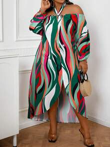 SHEIN VCAY Plus Size Women's Striped High Slit Off Shoulder Halter Neck Dress - Multicolor - View 5
