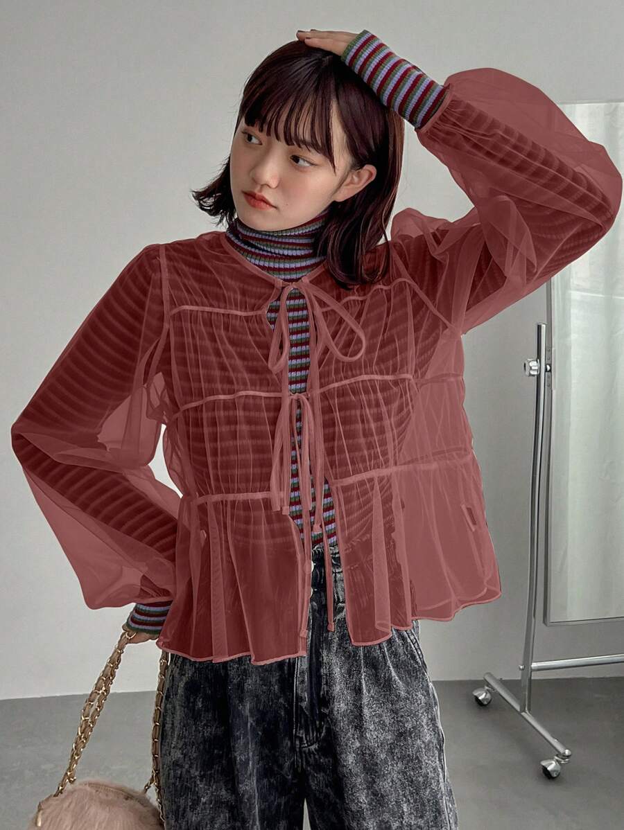 FRIFUL Ladies' Loose Fit Lantern Sleeve Mesh Top With Front Tie Design For Spring & Summer,Fall Clothes Long Sleeve Women Tops - Redwood - View 1